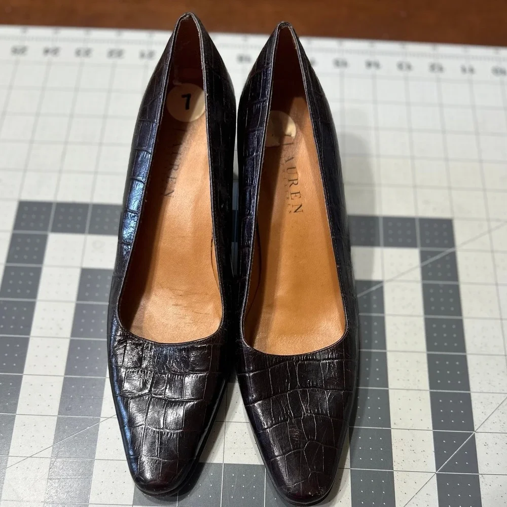 Lauren Ralph Lauren VTGE Pumps Size.7B Brown Croc Embossed Leather Block‎ Heel